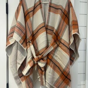 Plaid Cape with Belt - Orange and Cream